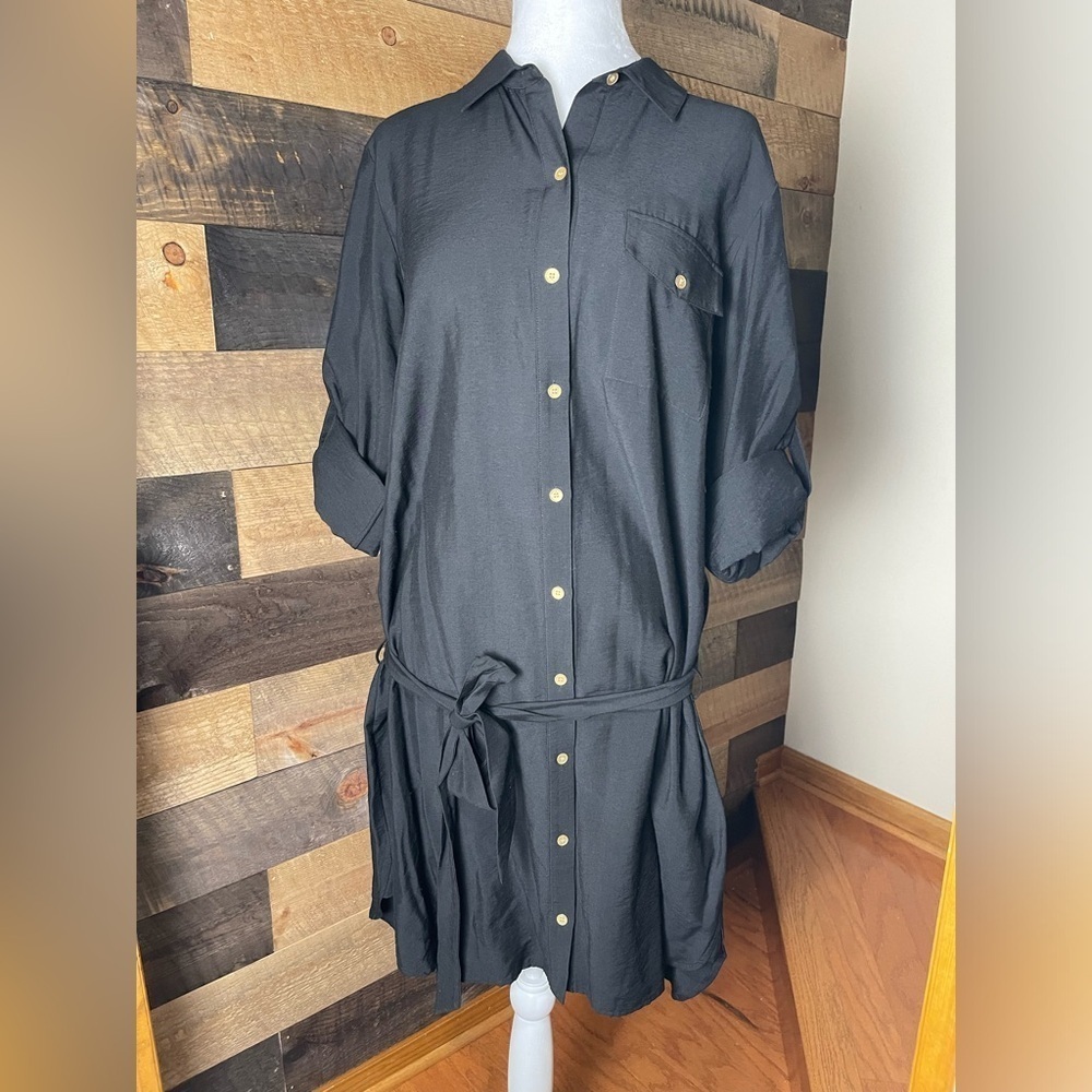 Rachel Roy Black Button Front Shirt Dress, Size 12